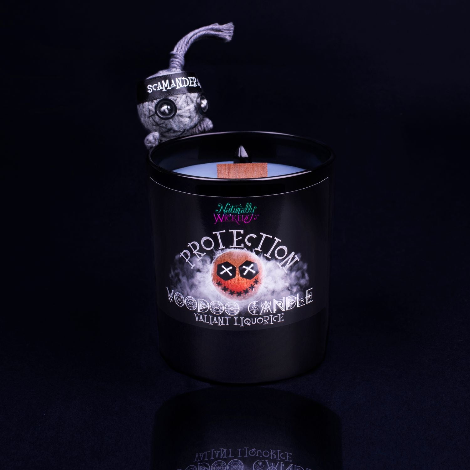 Naturally Wicked Voodoo Protection Crystal Candle Entombed In Black Plant-Based Wax With Crackling Wood Wick, Black Obsidian Crystal Wand & Black Voodoo Doll.
