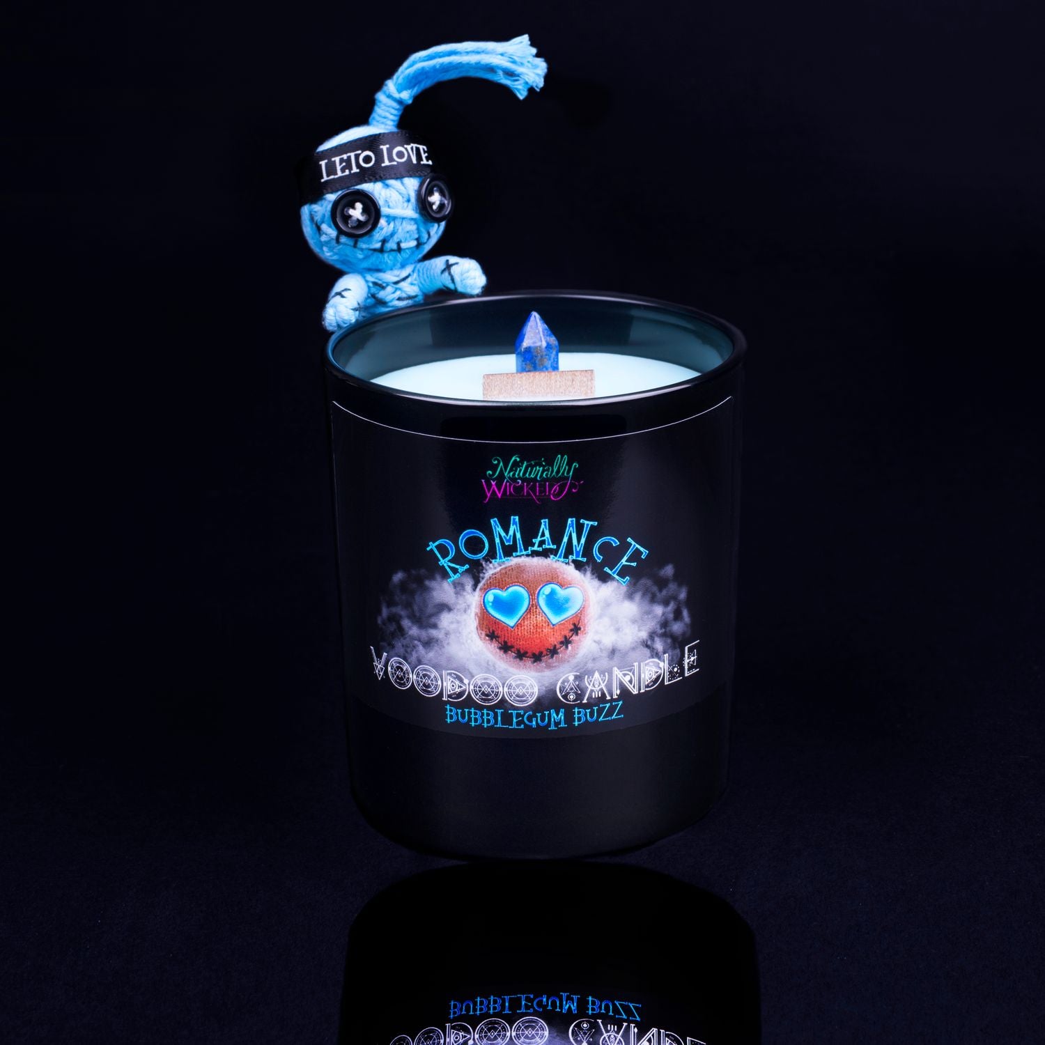 Naturally Wicked Voodoo Romance Crystal Candle Entombed In Blue Plant-Based Wax With Crackling Wood Wick, Blue Lapis Lazuli Crystal Wand & Blue Voodoo Doll.