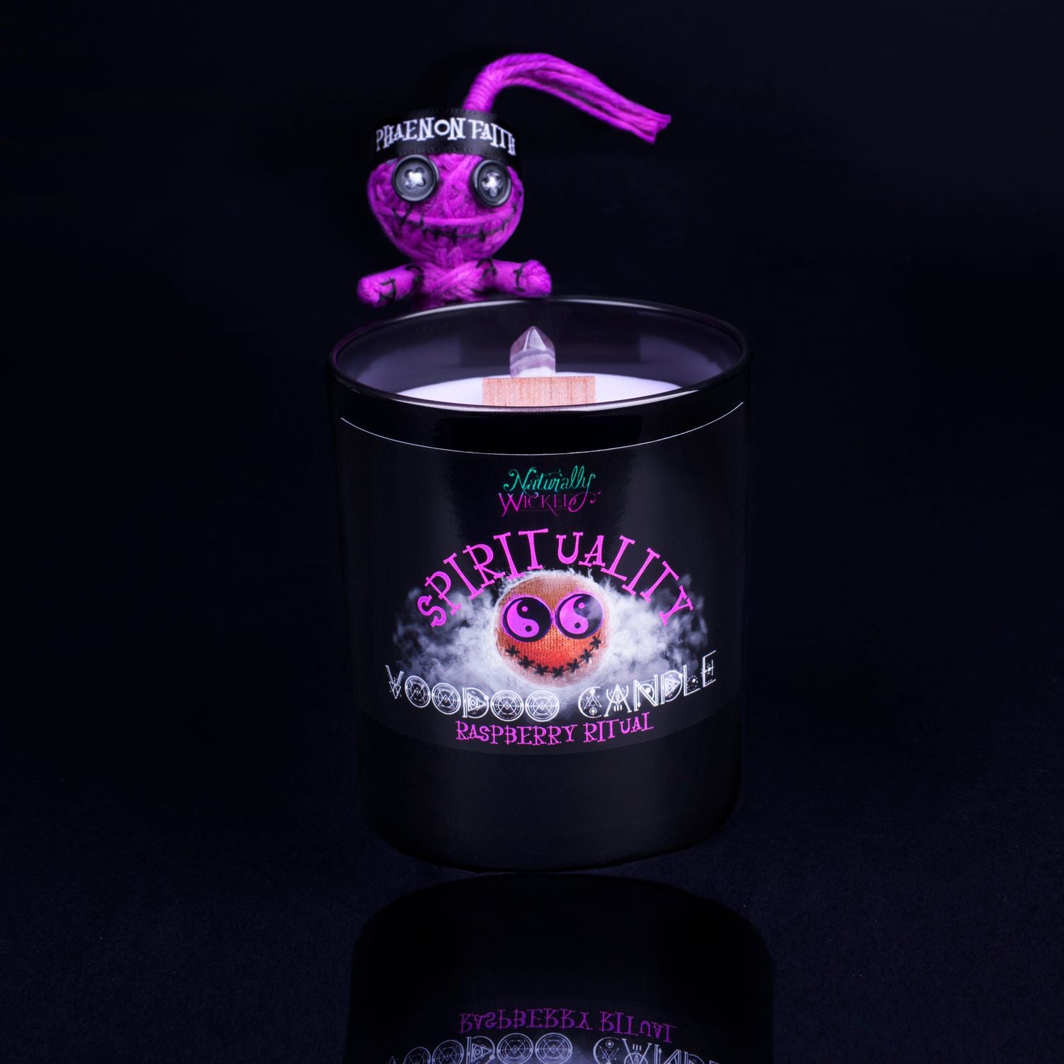 Naturally Wicked Voodoo Spirituality Crystal Candle Entombed In Purple Plant-Based Wax With Crackling Wood Wick, Purple Amethyst Crystal Wand & Purple Voodoo Doll.