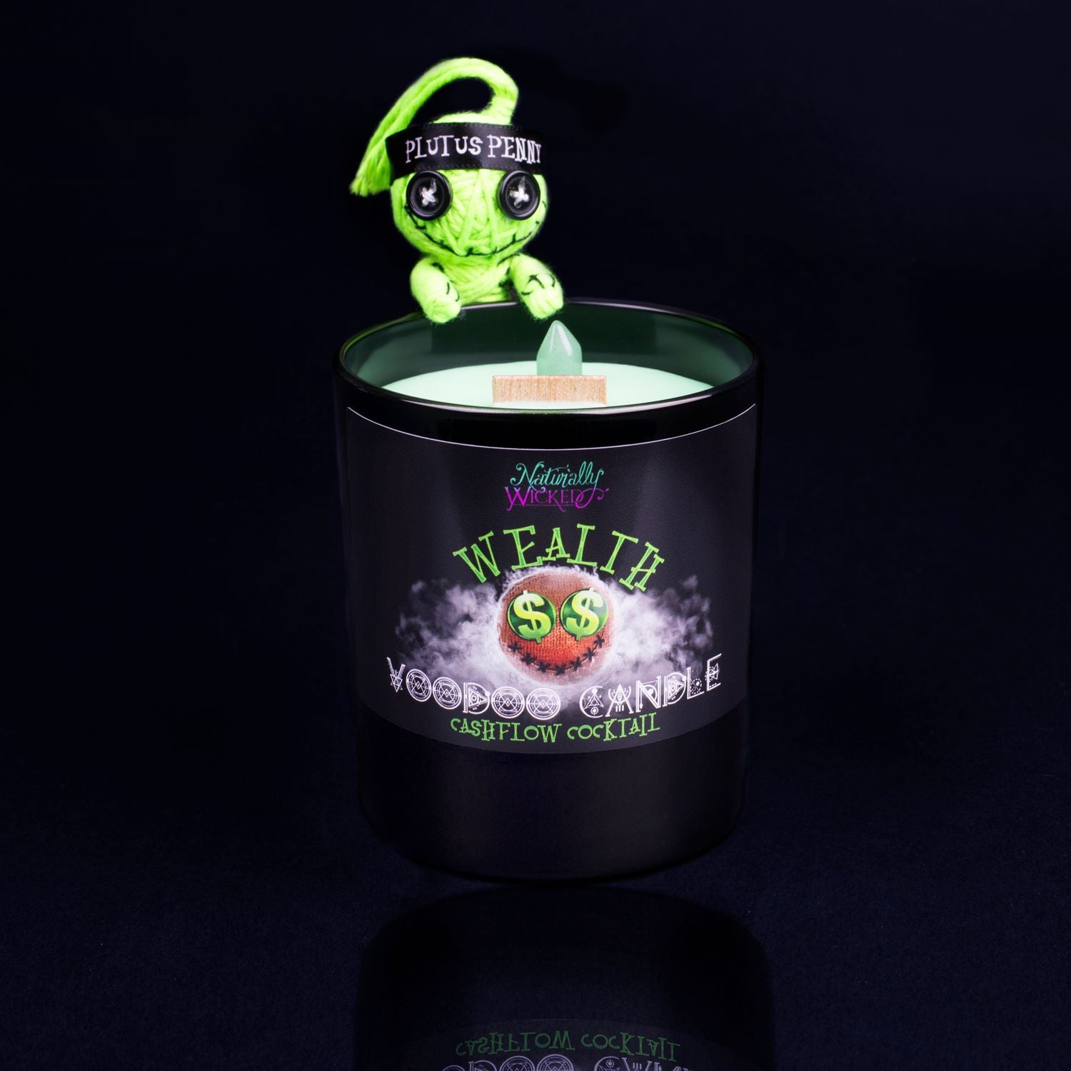 Naturally Wicked Voodoo Wealth Crystal Candle Entombed In Green Plant-Based Wax With Crackling Wood Wick, Green Aventurine Crystal Wand & Green Voodoo Doll.