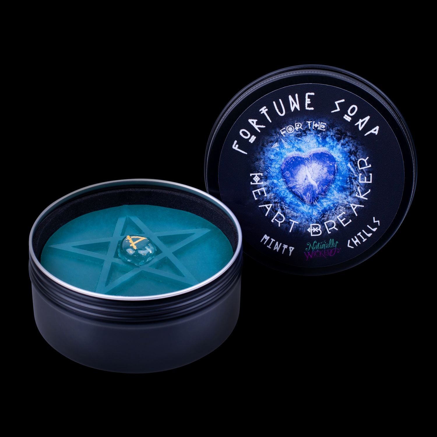 Naturally Wicked Fortune Soap For The Heart Breaker, Icy Blue Plant-based Soap, Quartz Crystal, Minty Chills Scent & Black Gloss Gift Tin Included.