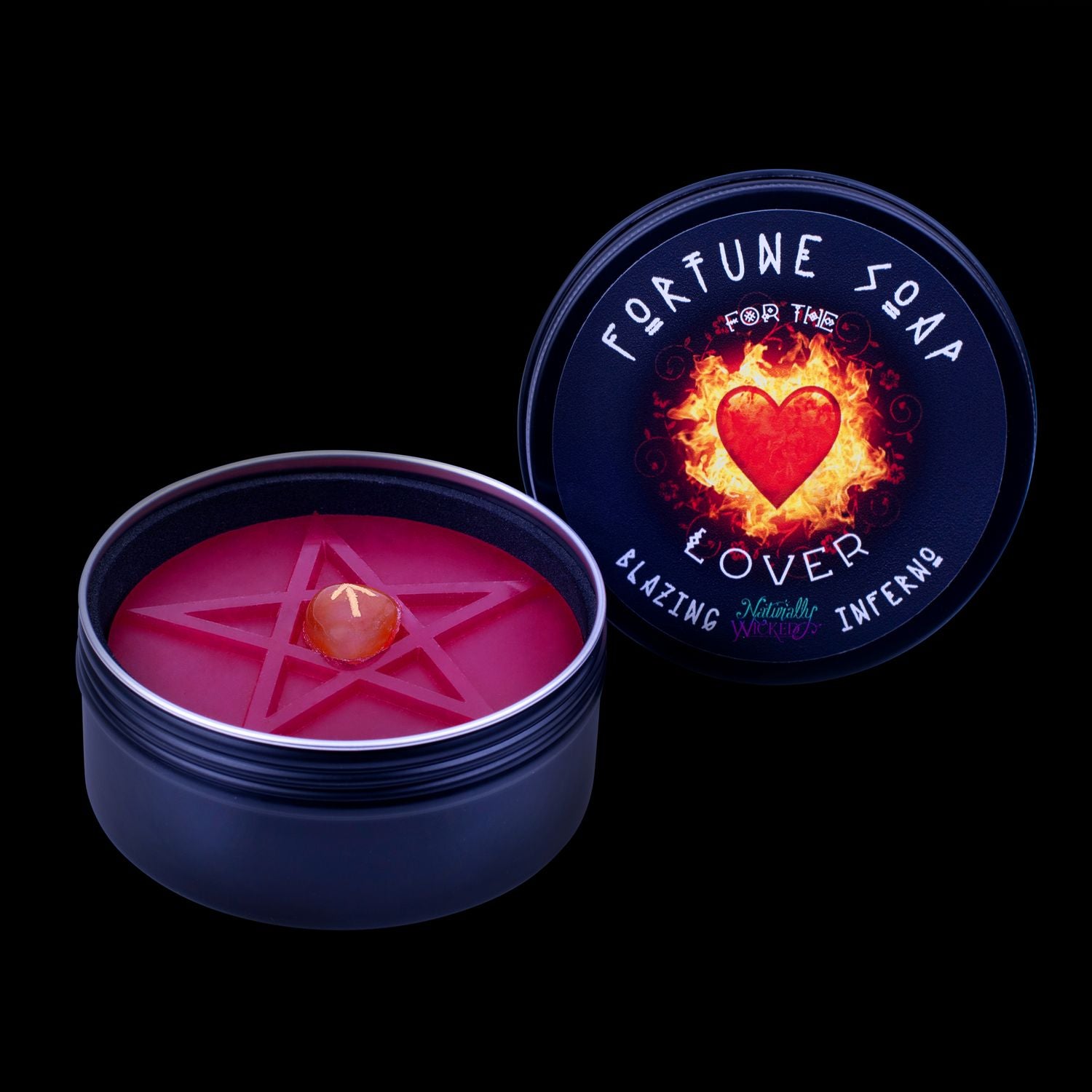 Naturally Wicked Fortune Soap For The Lover, Red Plant-based Soap, Carnelian Crystal, Blazing Inferno Scent & Black Gloss Gift Tin Included.