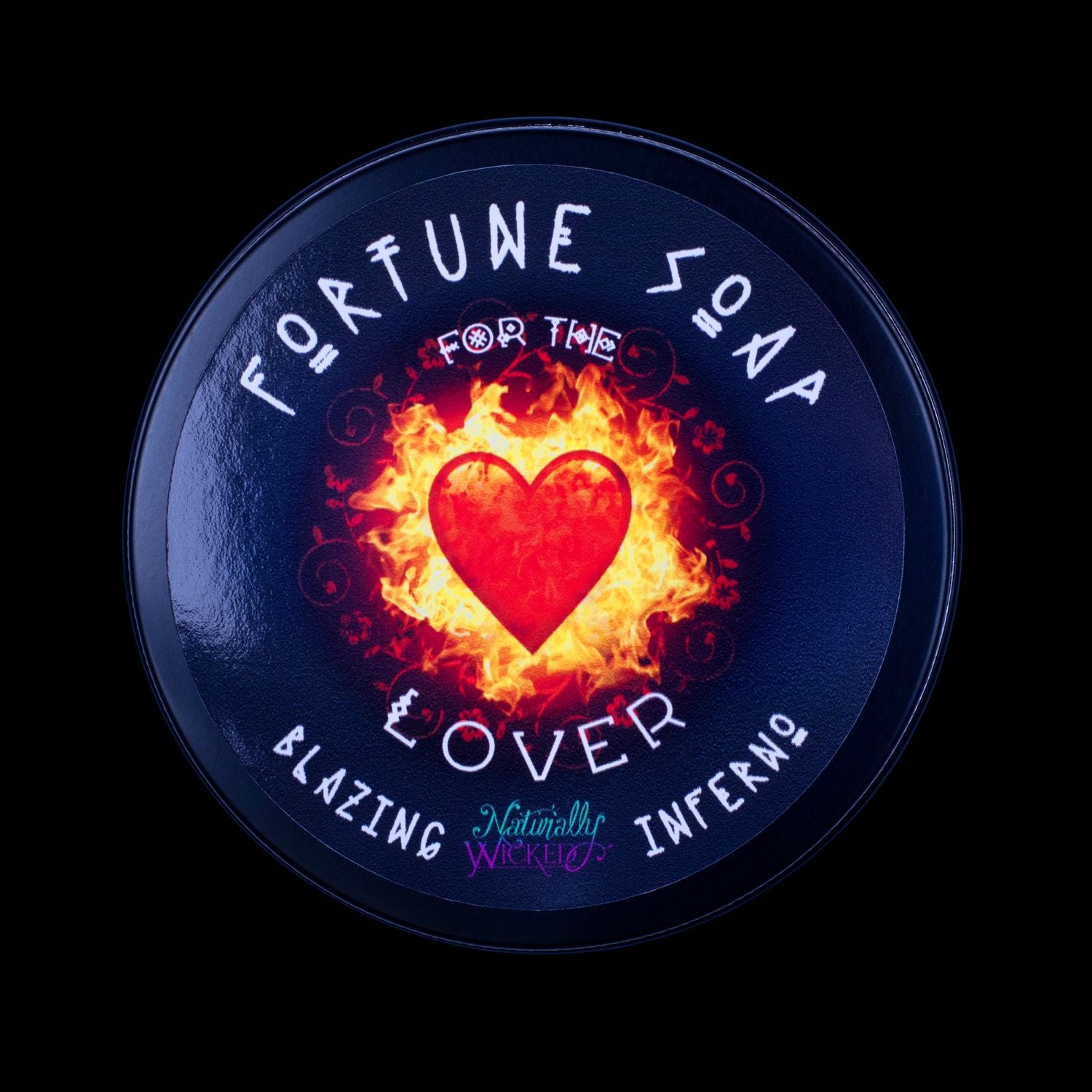 Naturally Wicked Fortune Soap For The Lover. Red Plant-based Soap With Carnelian Rune Crystal, Scented With Blazing Inferno All Situated In A Black Glossy Gift Tin.