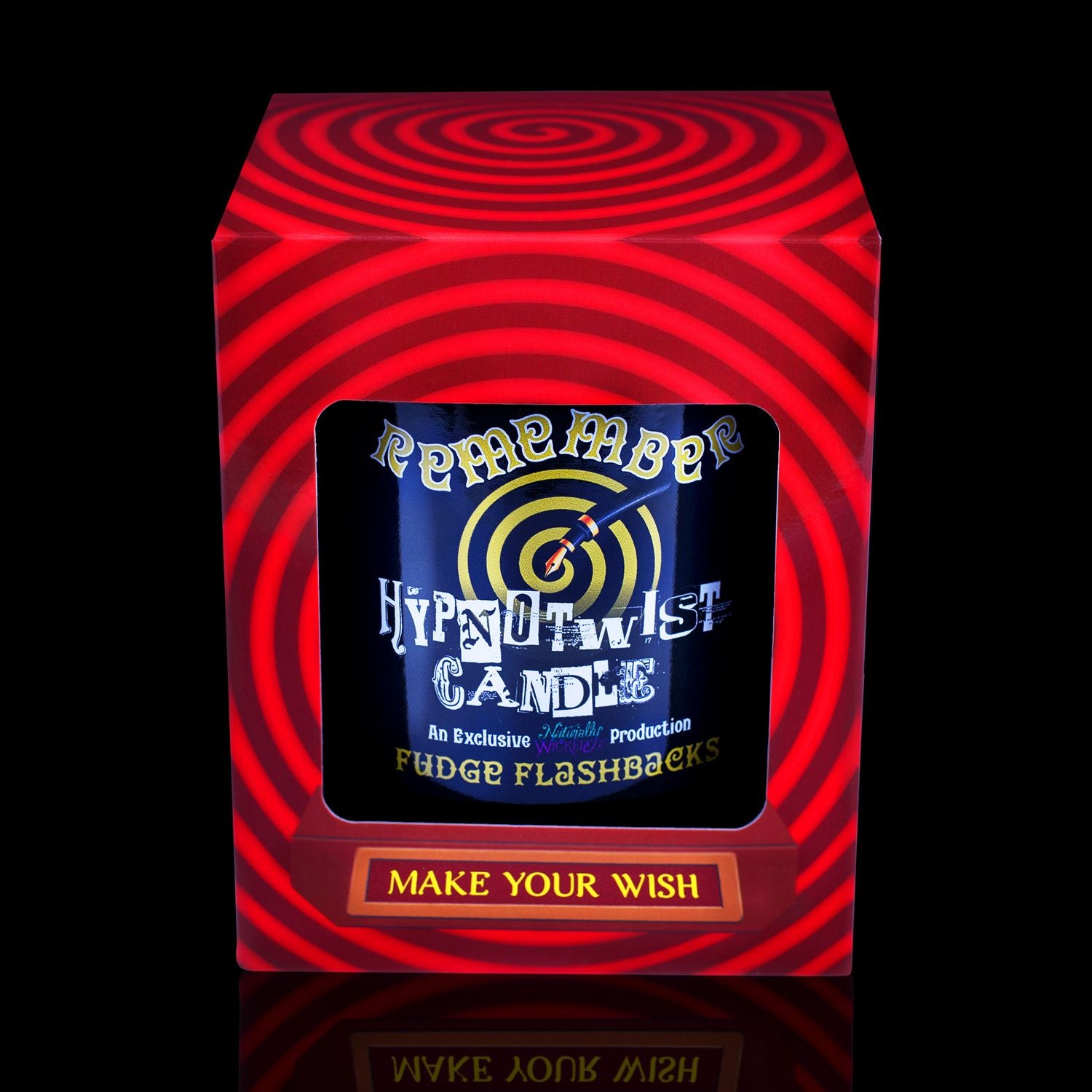 Make Your Wish With The Naturally Wicked Hypnotwist Remember Candle, Plant-based Soy Brown Wax Scented With Fudge Flashbacks, Including A Tiger's Eye Crystal Spinning Top, Mirrored Lid & Red Circus Hypnotic Gift Box